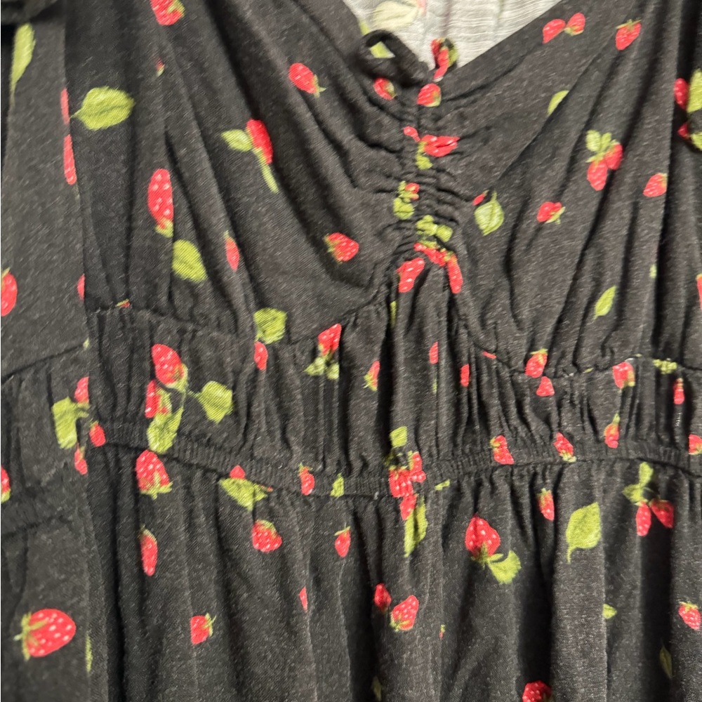 Black Floral Midi Dress with Red Strawberry Print - Picture 2 of 4